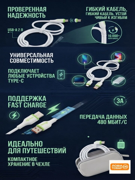 USB-A → Type-C zaryadlash kabeli