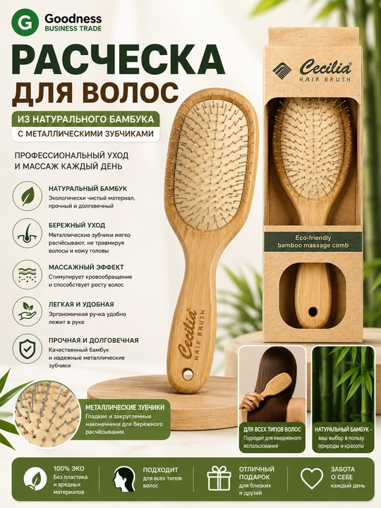 Расчёска для волос из бамбука с металлическими зубчиками массажная - 