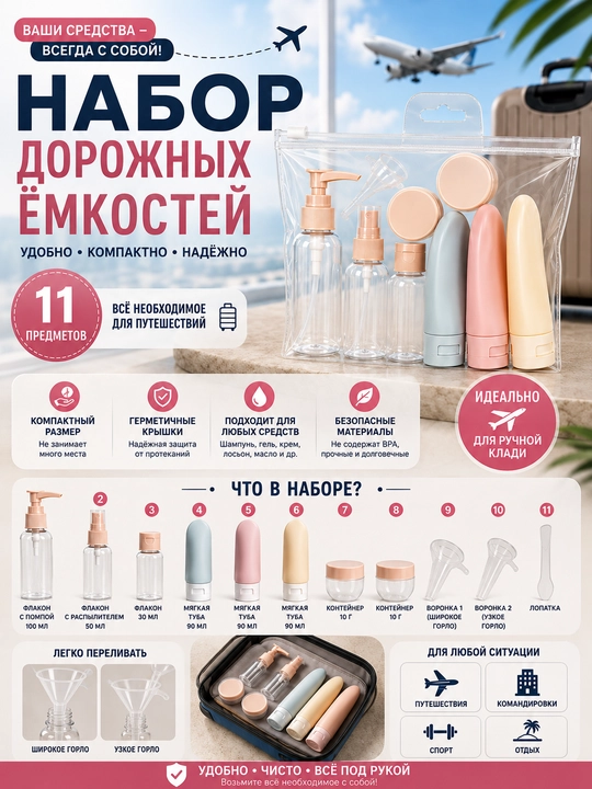 Набор дорожных ёмкостей – 11 предметов, мини-флаконы и контейнеры - 