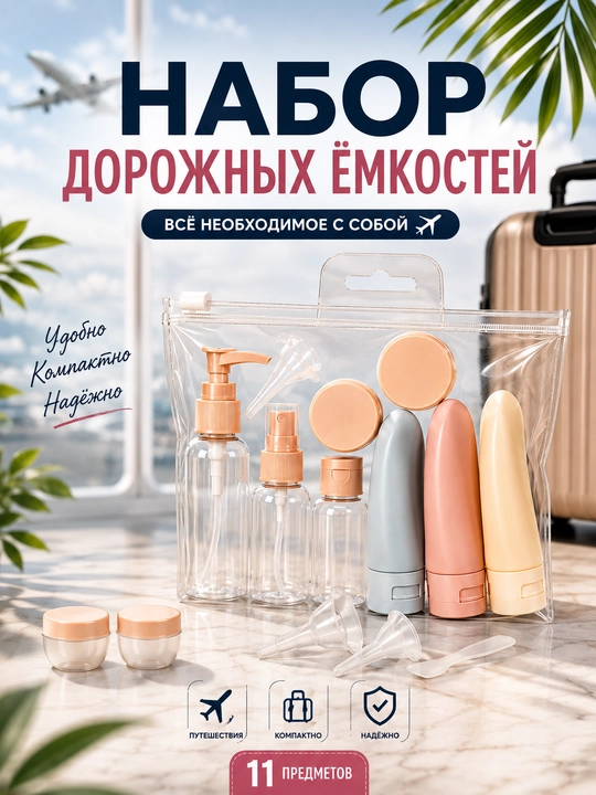 Набор дорожных ёмкостей – 11 предметов, мини-флаконы и контейнеры
