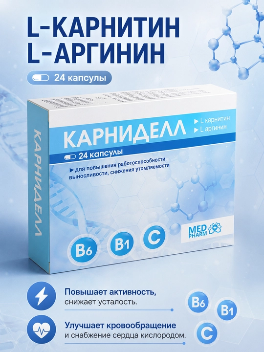 Карниделл, L-карнитин, Аргинин и витамины для энергии и поддержания иммунитета, 24 капсулы - 