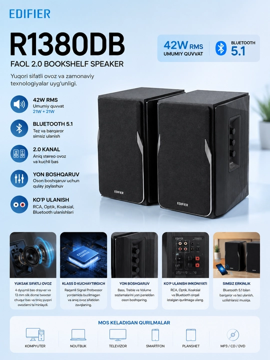 Edifier R1380DB – 2.0 Bluetooth 5.1 Hi-Fi akustik tizimi, 42Watt, kalonka