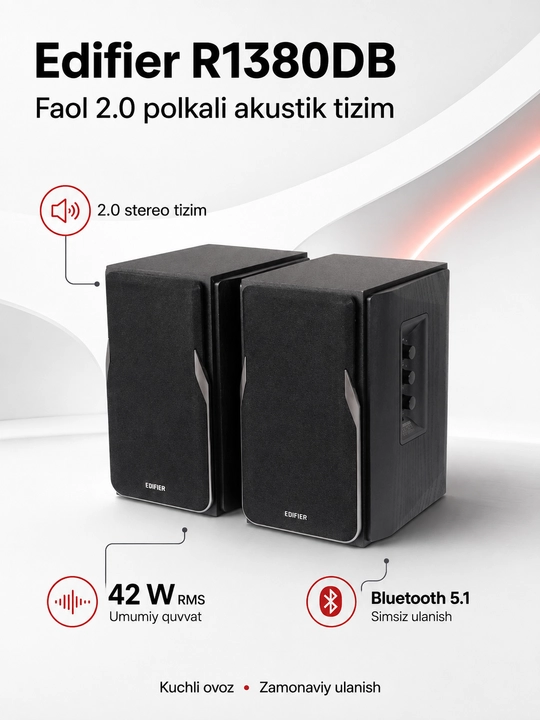 Edifier R1380DB – 2.0 Bluetooth 5.1 Hi-Fi akustik tizimi, 42Watt, kalonka