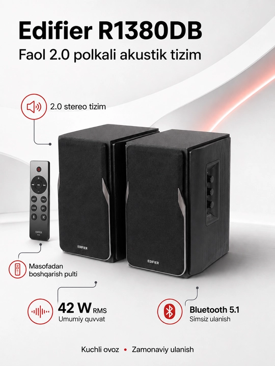 Edifier R1380DB – Активная акустическая система 2.0 Bluetooth 5.1, 42 Вт RMS, калонка - 