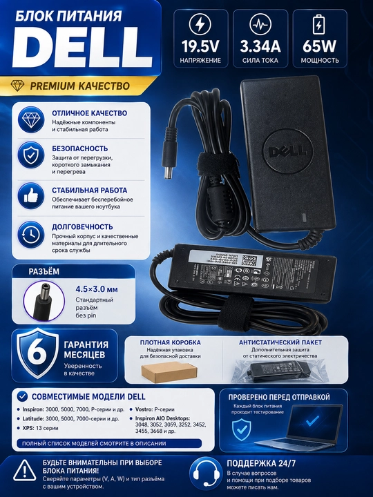 Блок питания Premium 19.5V 3.34A 65W 4.5x3.0mm (DA65NM191) для Dell 9333, 9343, 9350