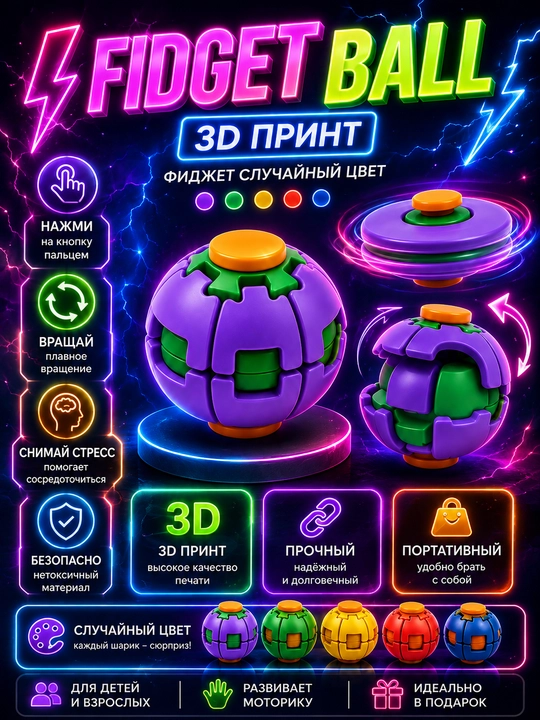 Spinner, tugmali aylanuvchi o‘yinchoq, 3d print fidget ball sensorli moslama