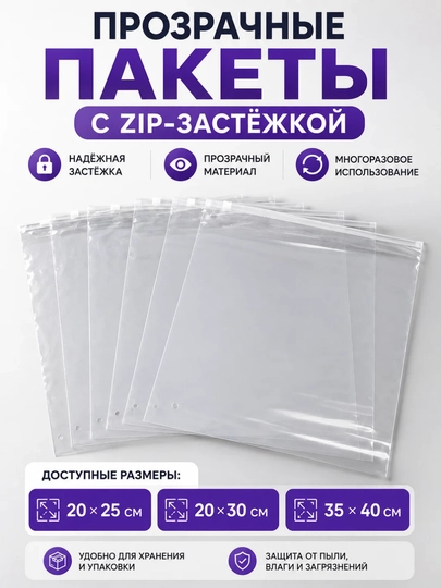 Пакеты ZIP LOCK прозрачные, с застёжкой, для хранения и упаковки - 
