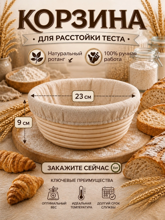 Корзина для расстойки теста из ротанга, форма для выпечки хлеба с чехлом - 