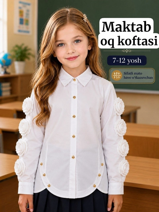 Белая школьная блузка для девочек 7–12 лет - 