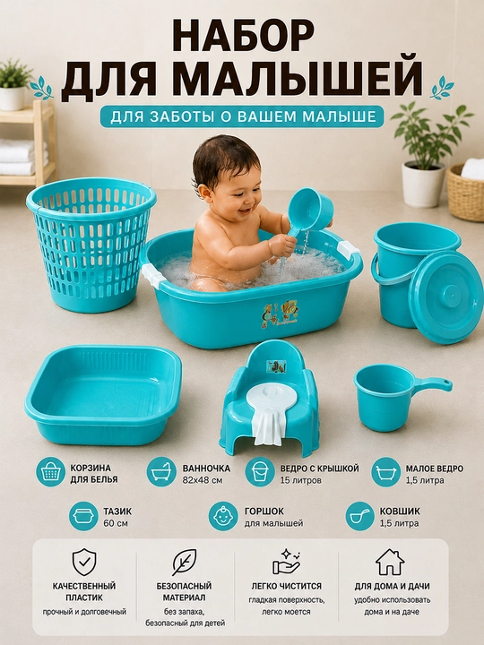 Bolalar uchun 6 tasi 1 da nabor — vannacha, kir savati, chelak, tog‘ora, tuvak va kovsh