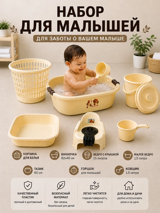 Bolalar uchun 6 tasi 1 da nabor — vannacha, kir savati, chelak, tog‘ora, tuvak va kovsh