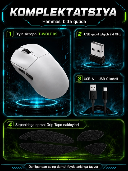 Geymerlar uchun simsiz T-Wolf X9, Q3 o‘yin sichqonchasi, shovqinsiz, o‘ta yengil, 2400 DPI