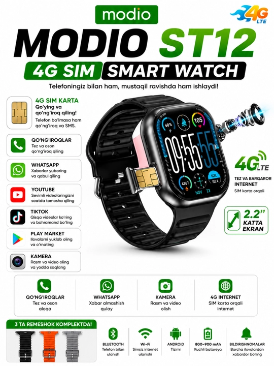 Modio ST12 4G Smart Watch — SIM, qo‘ng‘iroq, WhatsApp, YouTube, TikTok, kamera, 2.2″
