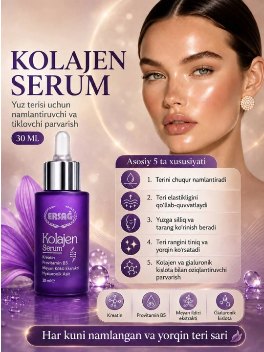 Kollagenli yuz serumi, namlantiruvchi va tiklovchi, 30 ml - 