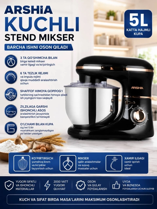 Arshia 2000 Vt Kuchli Planetar Mikser 5 L
