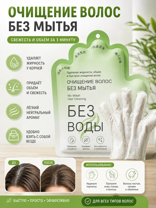 Перчатка для очищения волос без воды, против жирности и для объёма - 