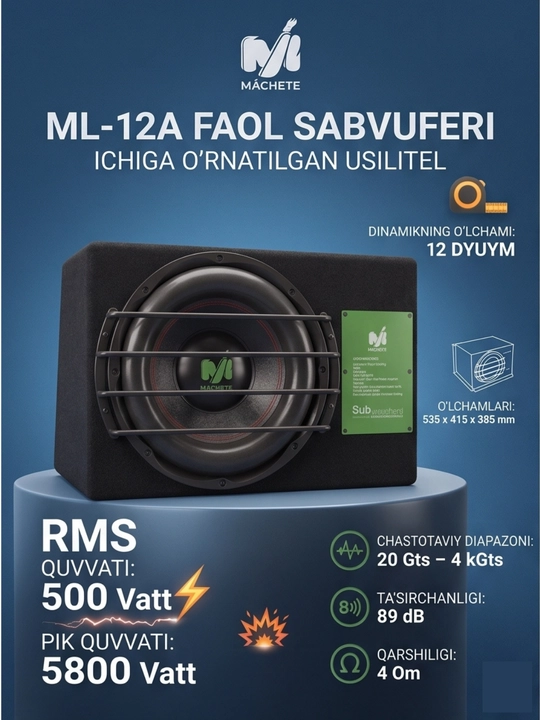 Avtomobil uchun aktiv sabvufer MACHETA ML-10A 500 Vt - 