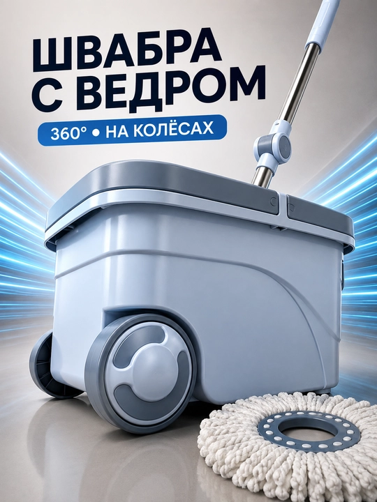 Набор вращающихся швабры 360° с ведром, микрофибра, самоотжим, пластиковый и металлический - 