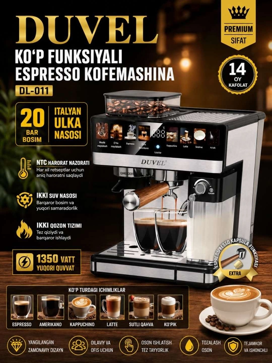 DUVEL DL-011 kofemashinasi 1350 Vt 20 Bar
