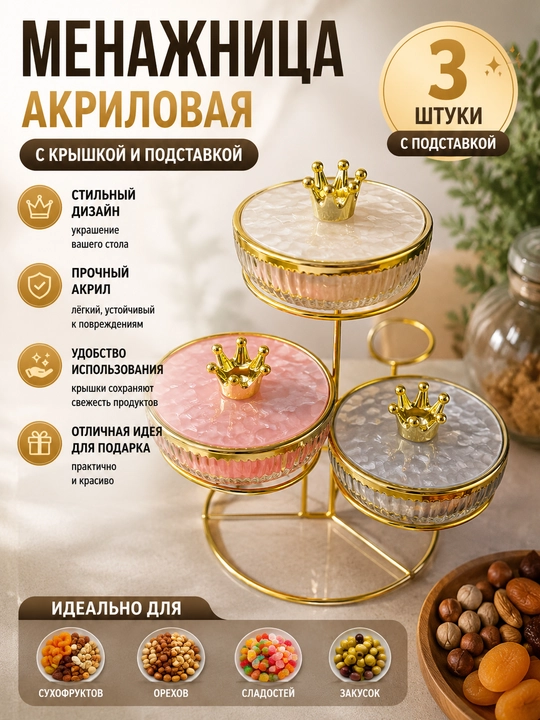 Менажница акриловая с крышкой и подставкой, из акрила, для сухофруктов, орехов и сладостей - 