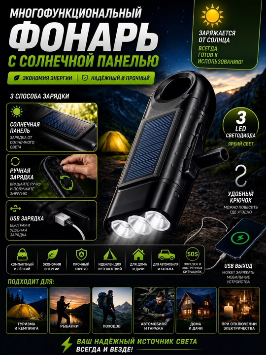 Фонарь с солнечной панелью — USB-зарядка, ручная зарядка, 3 LED-светодиода - 