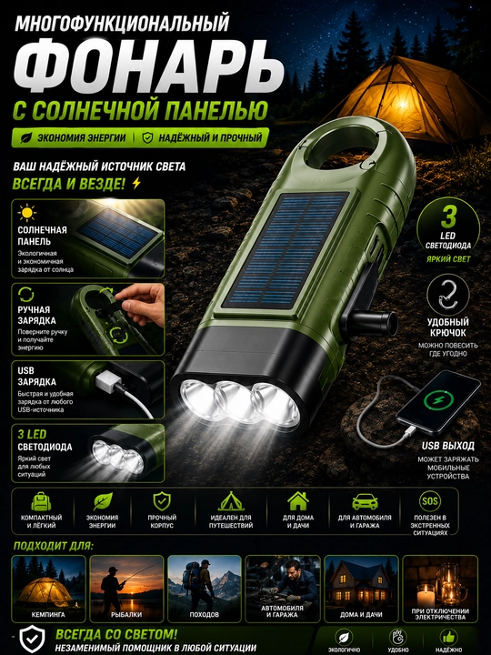 Фонарь с солнечной панелью — USB-зарядка, ручная зарядка, 3 LED-светодиода - 