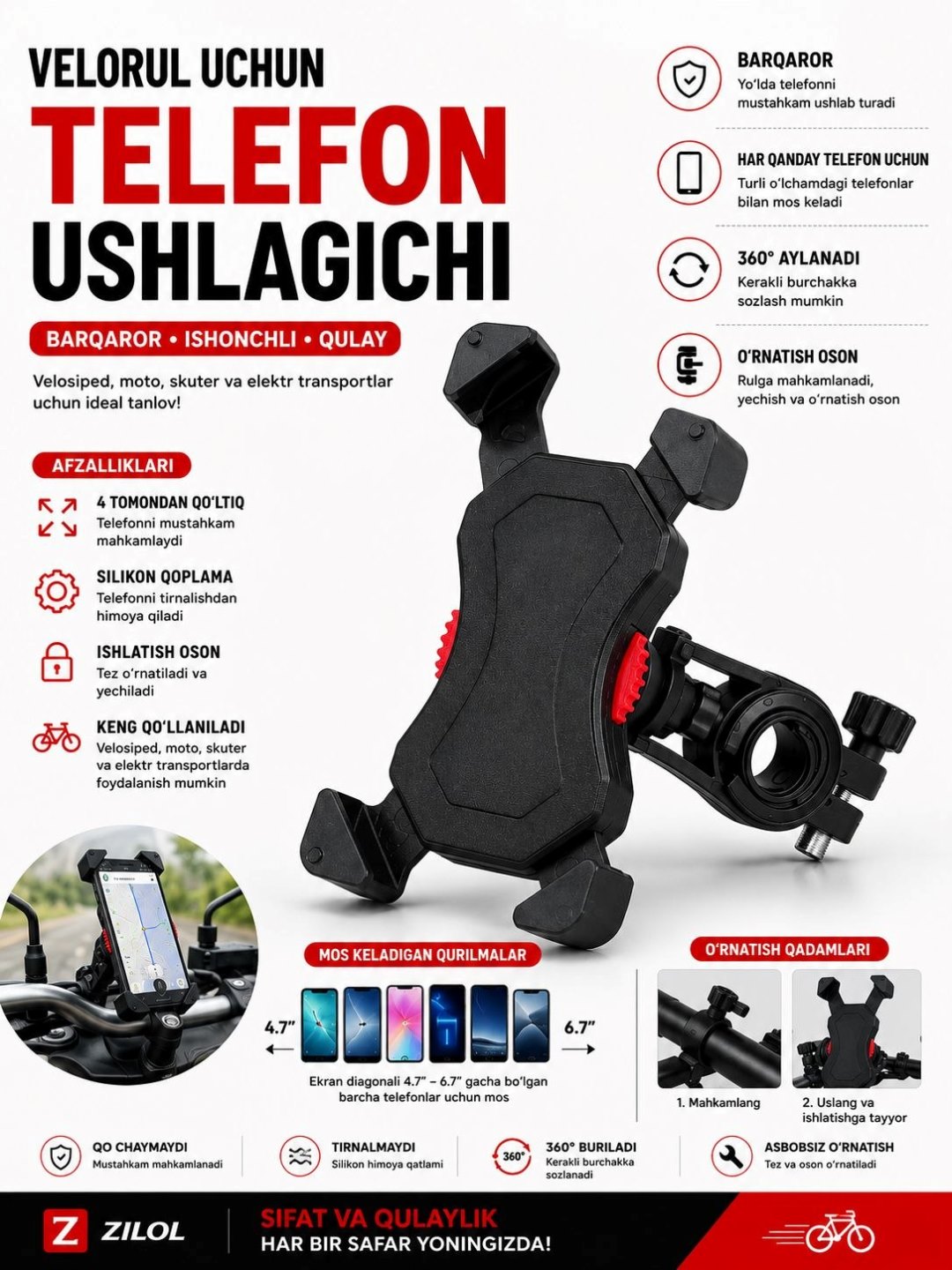 Velosiped va mototsikl uchun telefon ushlagichi, smartfon uchun rulga mahkamlagich - 