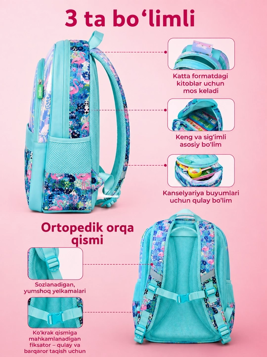 Smiggle maktab ryukzagi, ortopedik, qalamdonli, qizlar uchun, 1–4,-5-6-sinflar uchun