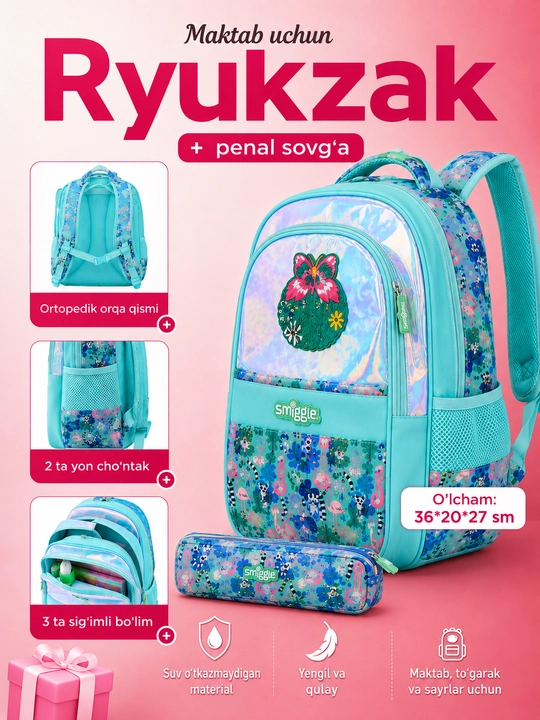 Smiggle maktab ryukzagi, ortopedik, qalamdonli, qizlar uchun, 1–4,-5-6-sinflar uchun - 