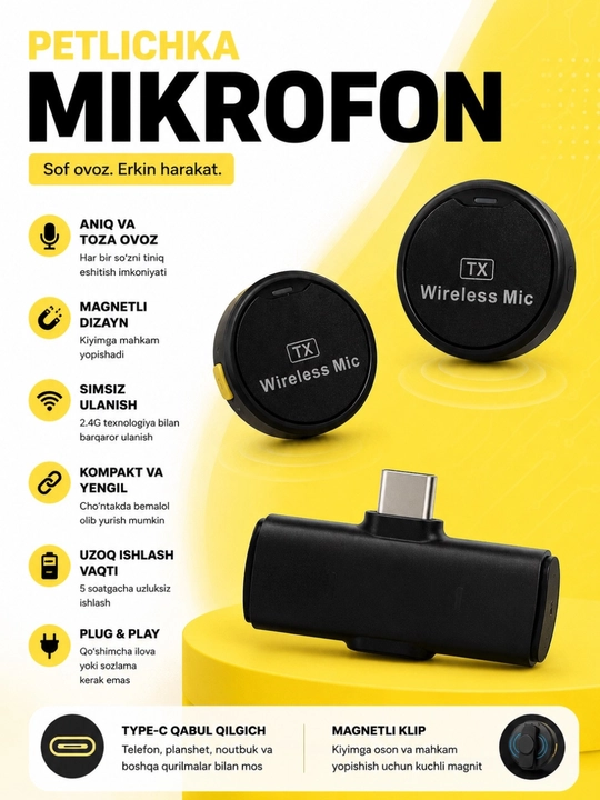 Simsiz petlichka mikrofon, kontent uchun mini mikrafon, tiniq ovoz, Type-C/Lightning - 