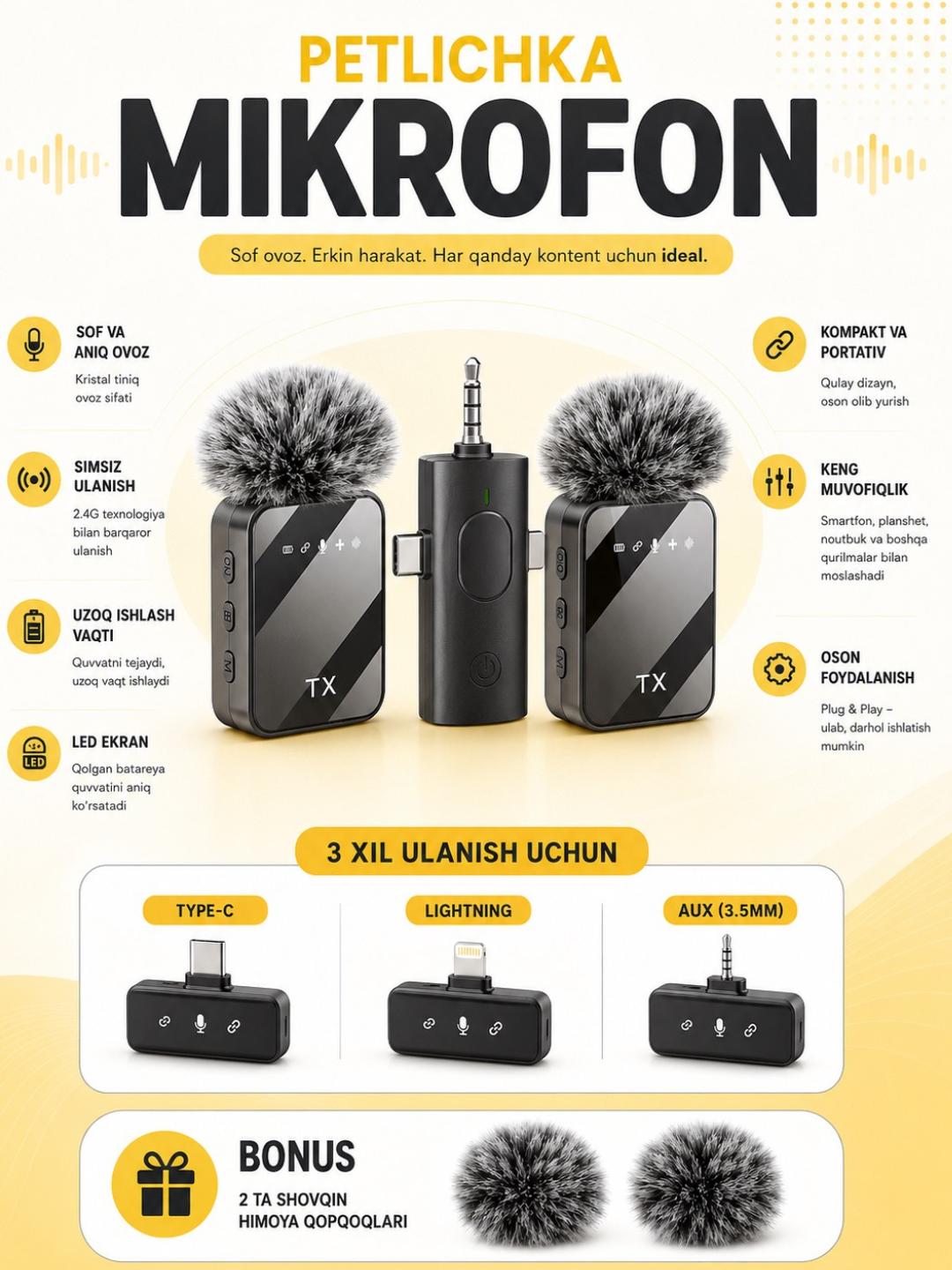 Simsiz petlichka mikrofon, kontent uchun mini mikrafon, tiniq ovoz, Type-C/Lightning - 