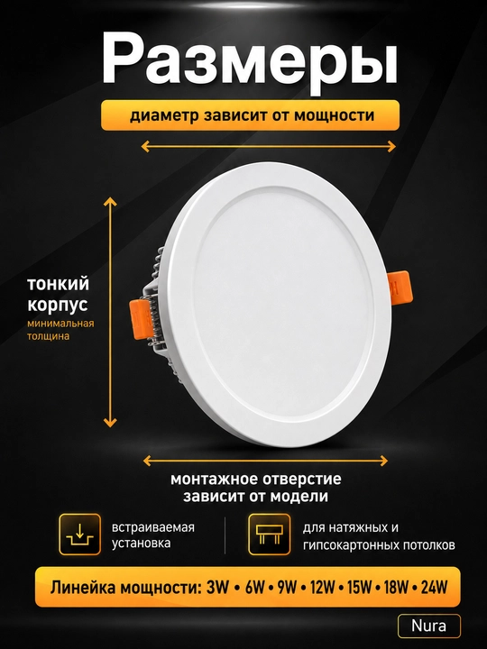 Светильник LED Nura круглый встраиваемый 3–24W, 6500K, потолочная панель