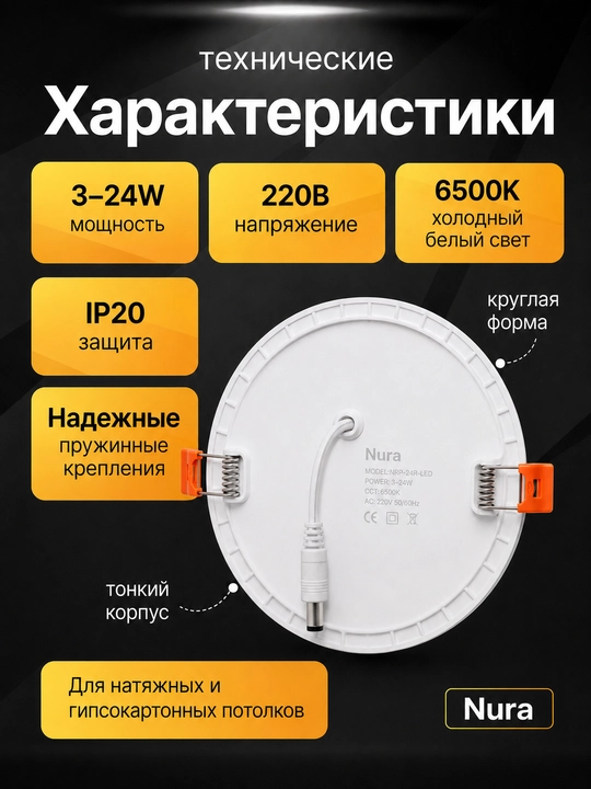 Светильник LED Nura круглый встраиваемый 3–24W, 6500K, потолочная панель