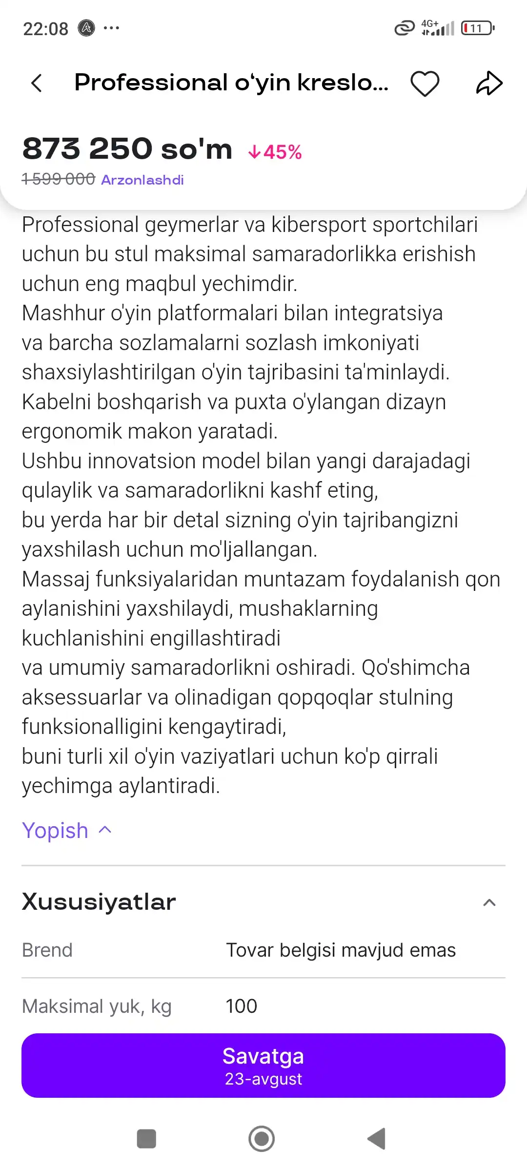 Professional o‘yin kreslosi geymerlar uchun, kompyuter, kibersport uchun mos