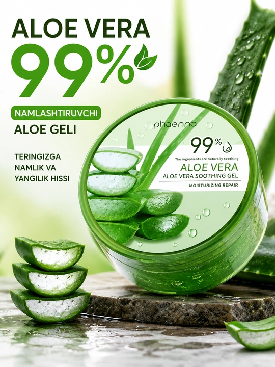 Aloe Vera 99% namlantiruvchi gel, yuz va tana uchun aloe geli, kundalik teri parvarishi
