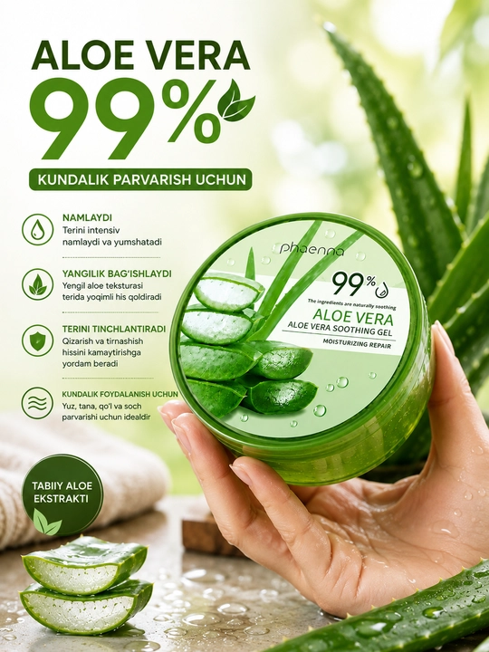 Aloe Vera 99% namlantiruvchi gel, yuz va tana uchun aloe geli, kundalik teri parvarishi
