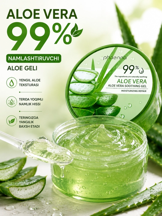 Aloe Vera 99% namlantiruvchi gel, yuz va tana uchun aloe geli, kundalik teri parvarishi