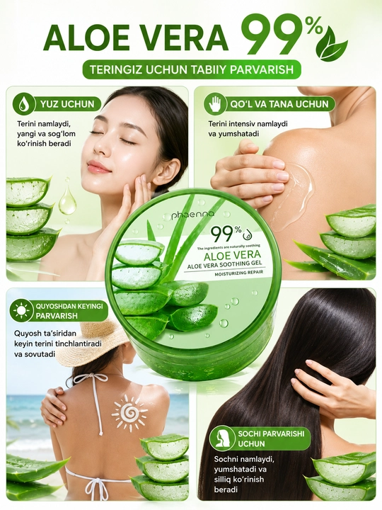 Aloe Vera 99% namlantiruvchi gel, yuz va tana uchun aloe geli, kundalik teri parvarishi
