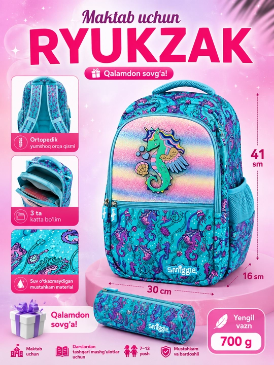Smiggle maktab ryukzagi, ortopedik, qalamdonli, qizlar uchun, 1–4,-5-6-sinflar uchun - 