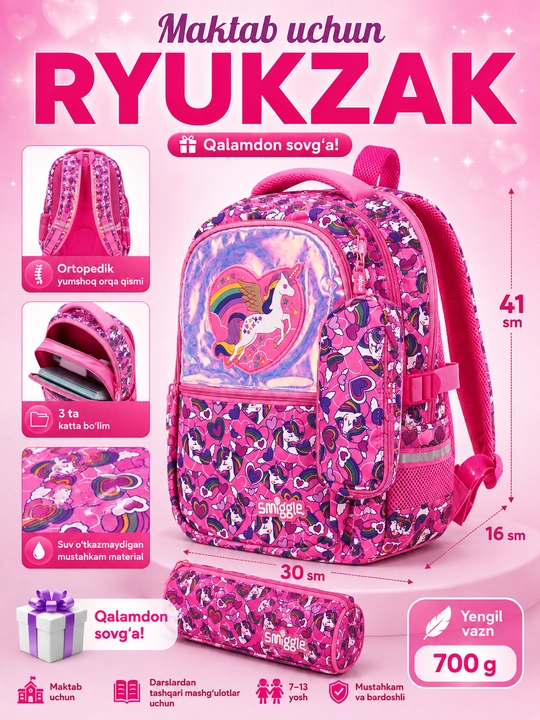Smiggle maktab ryukzagi, ortopedik, qalamdonli, qizlar uchun, 1–4,-5-6-sinflar uchun - 
