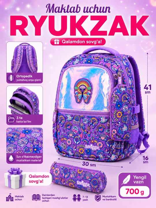 Smiggle maktab ryukzagi, ortopedik, qalamdonli, qizlar uchun, 1–4,-5-6-sinflar uchun - 