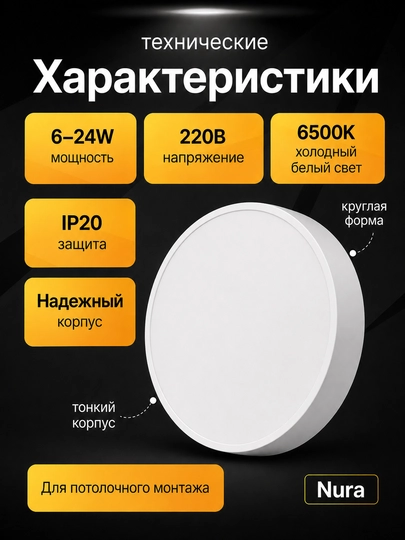 LED Nura 6–24 Vt, 6500K dumaloq ustki o‘rnatiladigan shift chirog‘i