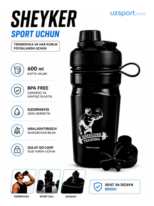 Sport butilkasi protein va geyner uchun, sheyker