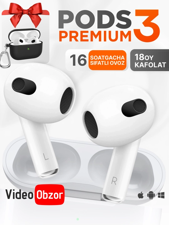 iPhone va Android uchun Pods 3 Premium simsiz minigarnituralari, changyutgichsiz, g'ilof bilan birga - 