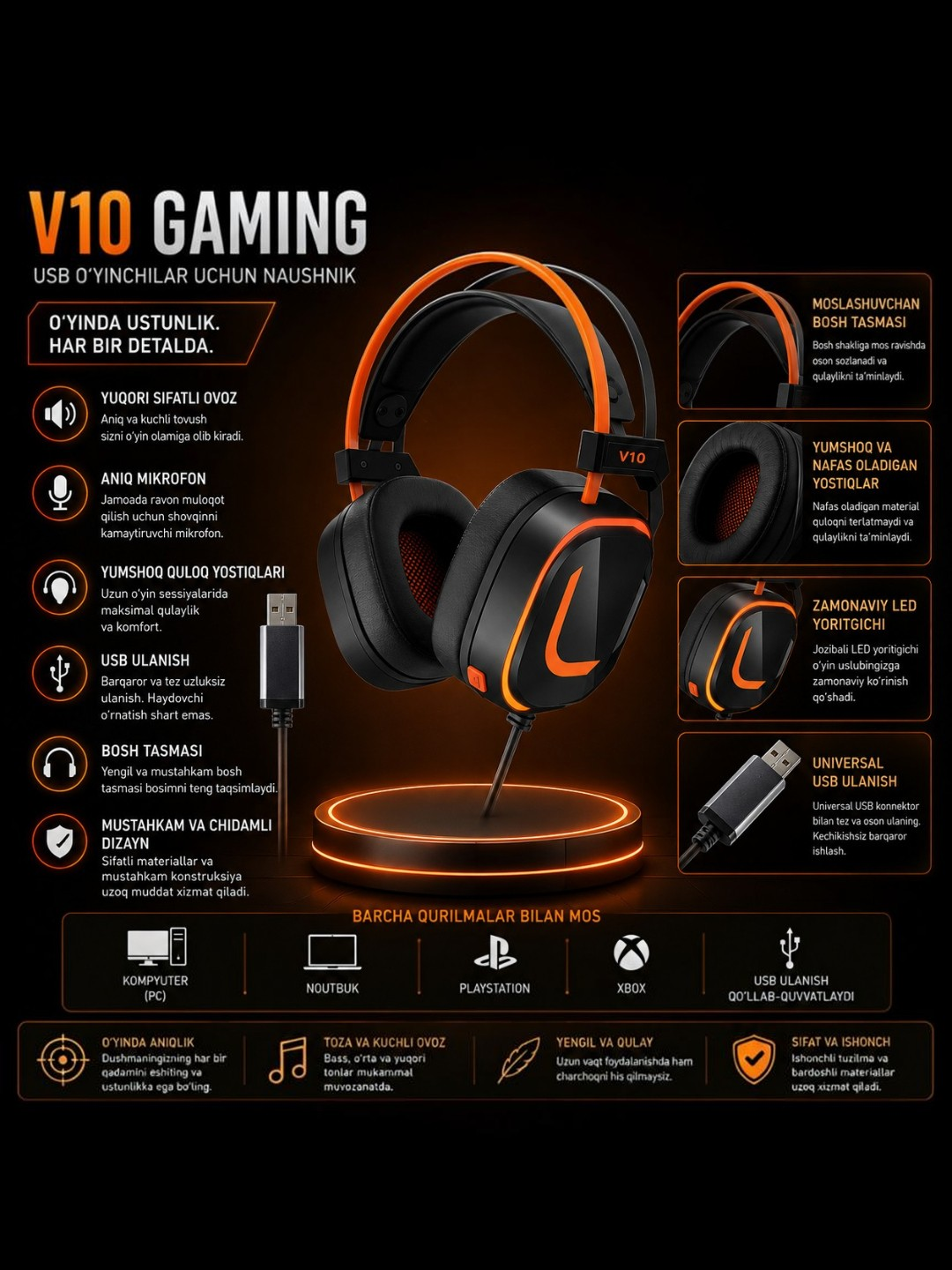 USB ulanishli V10 gaming garniturasi - 