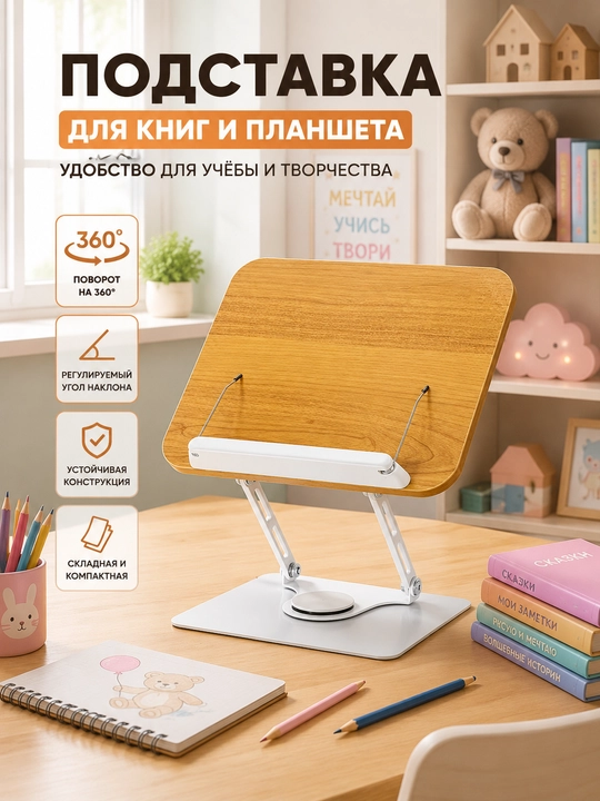 Подставка для книг и планшета регулируемая, складная, поворотная 360° для стола - 