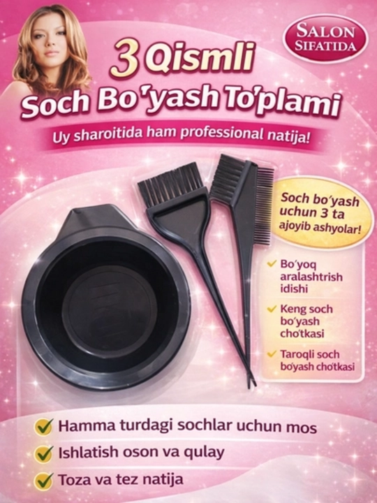 Soch bo‘yash to‘plami: kosa, cho‘tka va ingichka tutqichli taroq