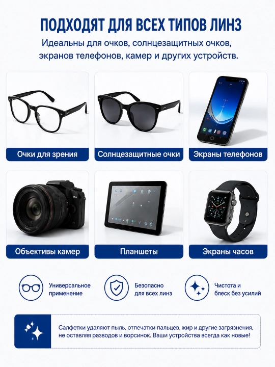 Ko'zoynak va optika uchun nam salfetkalar - 100 dona