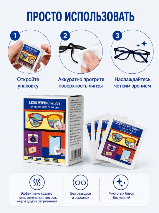 Ko'zoynak va optika uchun nam salfetkalar - 100 dona