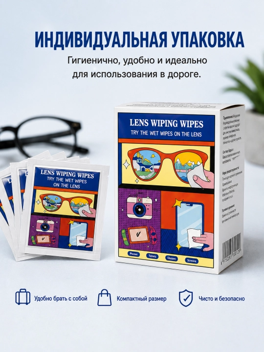 Ko'zoynak va optika uchun nam salfetkalar - 100 dona